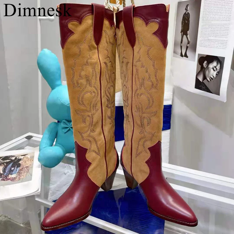 

Runway Spike Heels Knee-High Boots Women Real Leather Suede Splicing Embroidered Autumn Shoes Western Cowboy Long Boots 2021