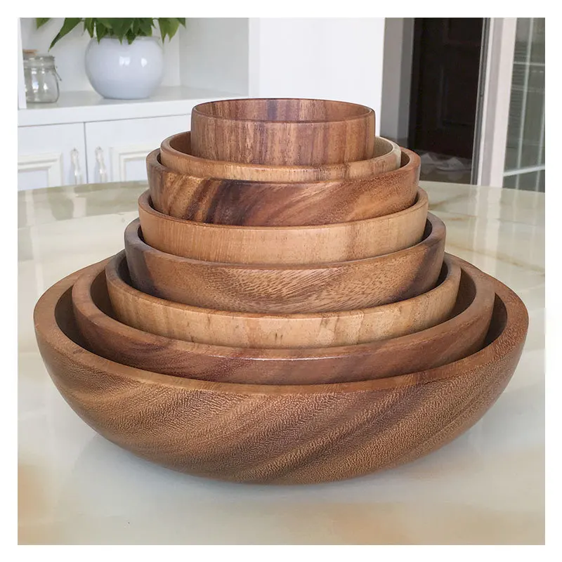 Acacia Wooden Bowl Salad Bowl Circular Creative Wooden Bowl Whole Wood wa zhi Bowl Wholesale Customized