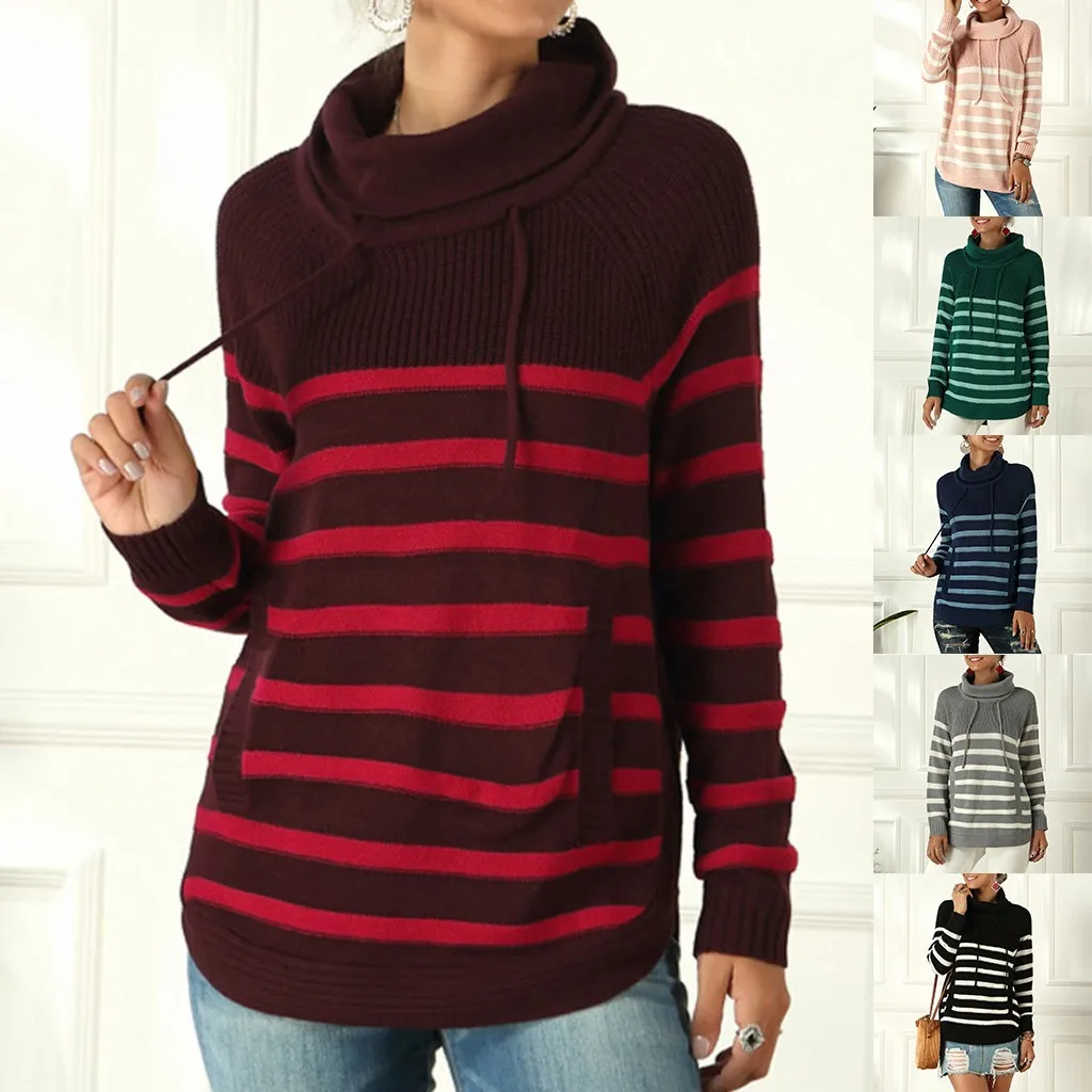 Newly Ladies Sweater Design Knitted Striped for Women Girls Scarf Collar Long Sleeve Sweter damski Female Apparel | Женская одежда