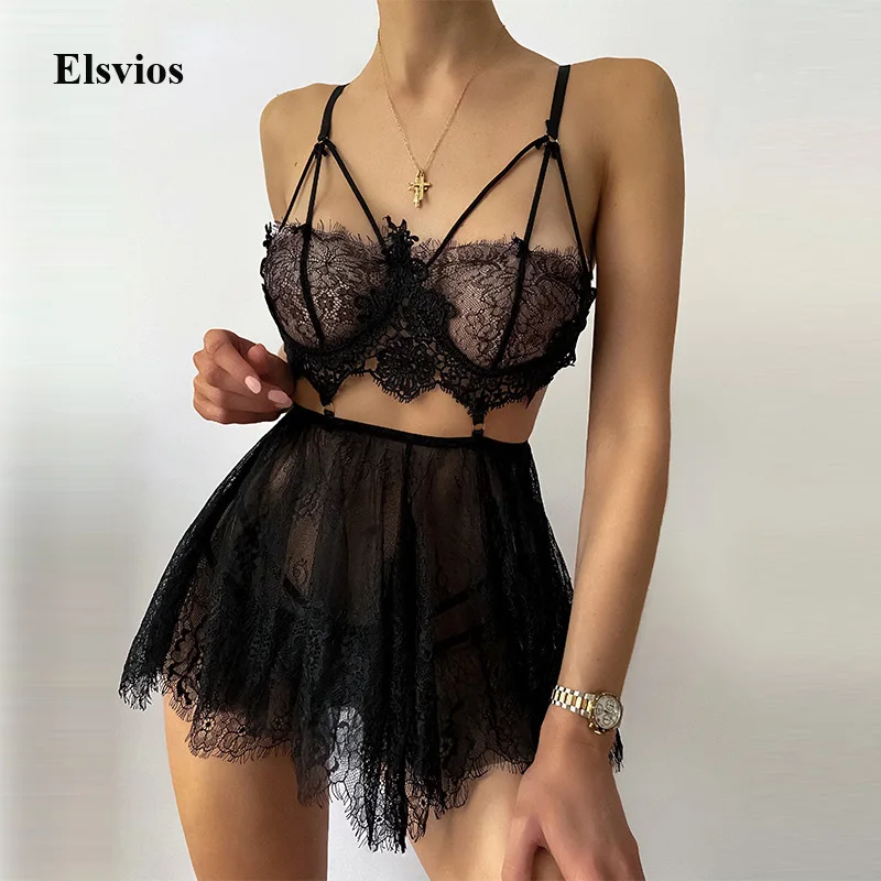 

Fashion Backless Straps Homewear Suits Women Mesh Lace Patchwork Bandage Sleepwear Sexy Erotic lingerie Pajamas Sets Home Suits