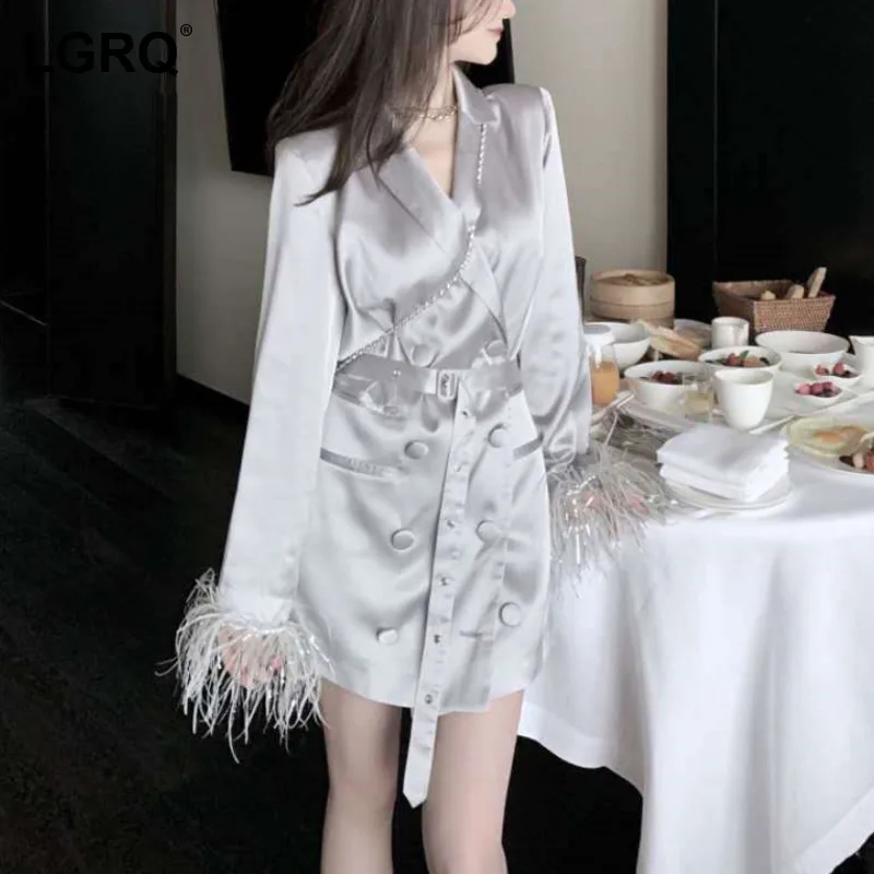 

Женский блейзер с перьями страуса [LGRQ], черный свободный блейзер с отложным воротником и длинным рукавом, Осень-зима 2021, 19D2618