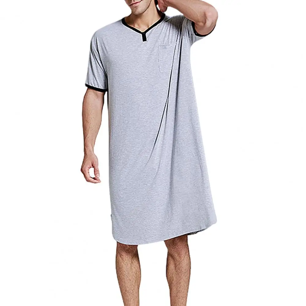 

Men Short Sleeve O Neck Pocket Nightdress Loose Knee-length Nightgown Homewear