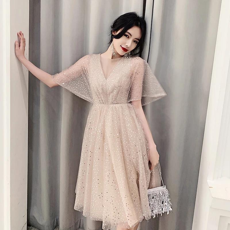 

Party Dress Lady Illsuion O-neck Short Sleeves Tulle Sequins Khaki Pleat Knee-length A-line Plus size Women Formal Dresses A039