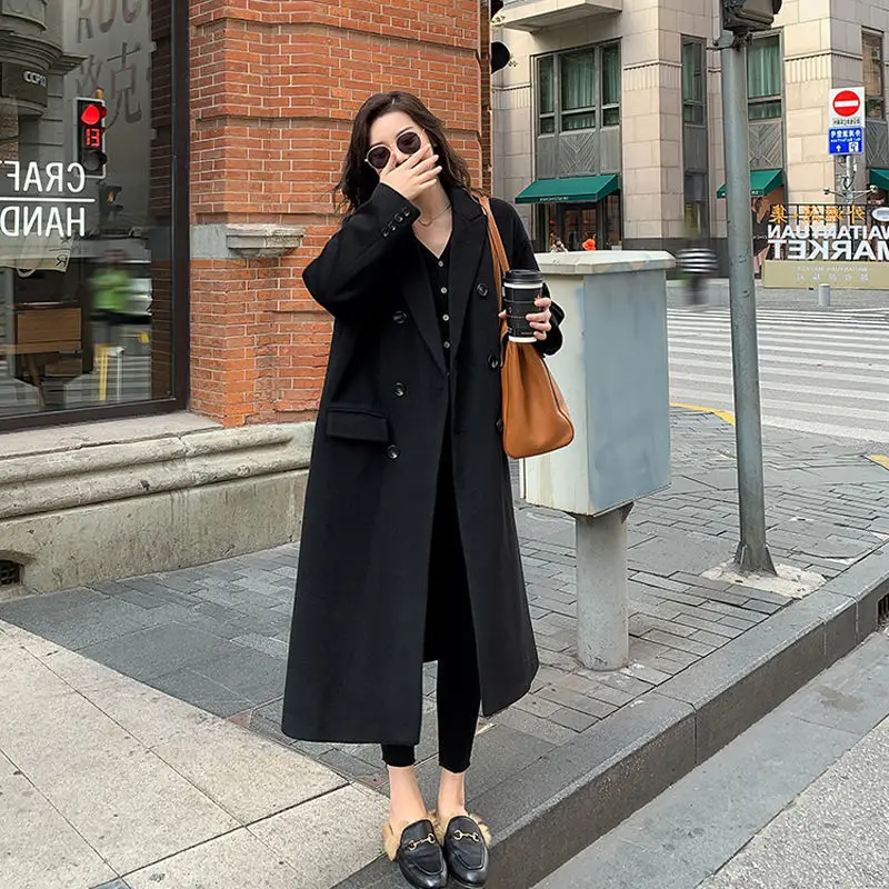 

Woolen cloth coat women's 2021 foreign style fashion long knee suit collar woolen coat loose Hepburn style