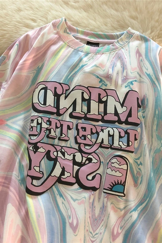 

WHOHOLL Women T-shirts 2021 Summer Casual Letter Print Long Loose Tshirts Design Minority Tie Dyed Short Sleeve T-shirt