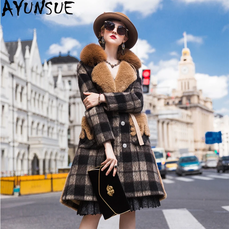 Женское шерстяное пальто AYUNSUE с воротником из лисьего меха и овчины зимняя куртка