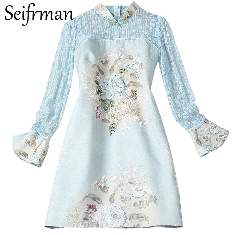 

Seifrmann Summer Women Fashion RunwayParty Short Dress Flare Sleeve Gorgeous Crystal Beading Printed Ladies A-Line Dresses 2021