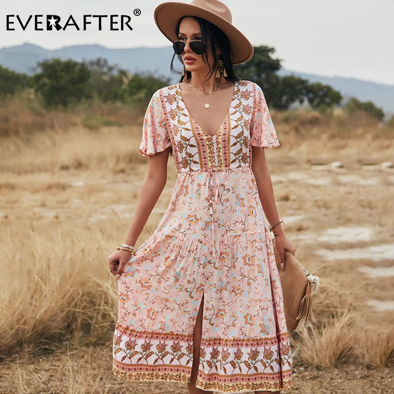 

EVERAFTER праздничное платье с цветочным принтом и пуговицами, с коротким рукавом, летнее платье с высокой талией и оборками, с v-образным вырезо...