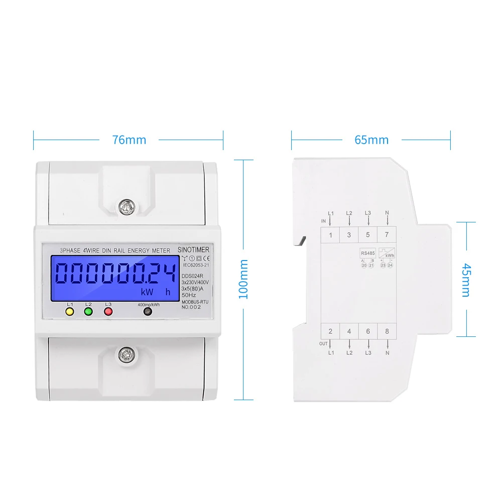 RS485 Modbus Rtu din-рейка 3 фазы 4 провода электронный ваттметр Потребляемая Мощность счетчик энергии 5-80A 380 В переменного тока 50 Гц ЖК-подсветка
