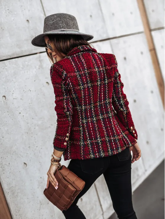 

New Fashion Plaid Jacket Women Office Ladies Blazer Tweed Coat Chaqueta Cuadros Mujer 2021 Autumn Winter Ladies Tops Vetement