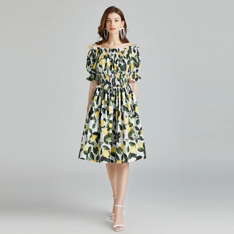 

Fashion Designer Vestidos 2021 Newest Summer Women's Slash Neck Elastic Waist Colorful Floral Print Elegant Party Mini Dresses