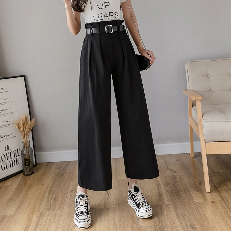 Женские брюки с высокой талией повседневные свободные широкими штанинами черные
