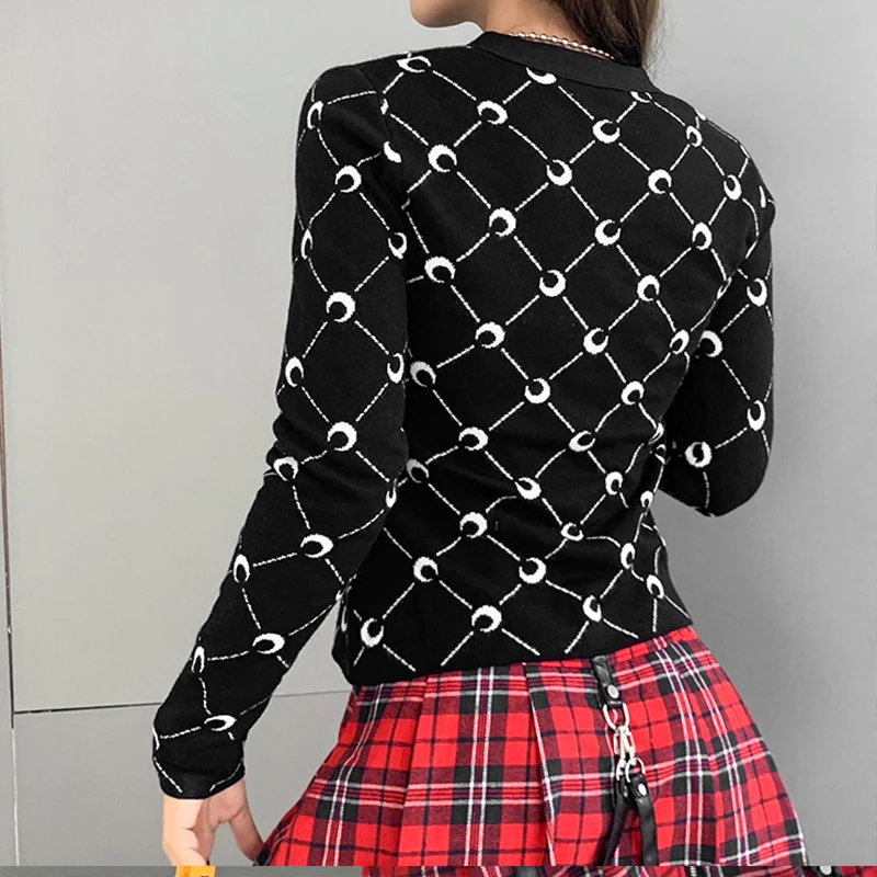 

InsDoit Streetwear Knitted Cardigan Women Sweater Gothic Moon Print V Neck Button Black Top Harajuku Commute Long Sleeve Sweater