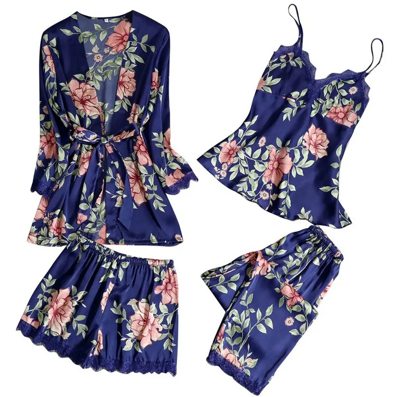 Женские атласные пижамы 3 шт. шелковая Домашняя одежда домашняя с вышивкой для