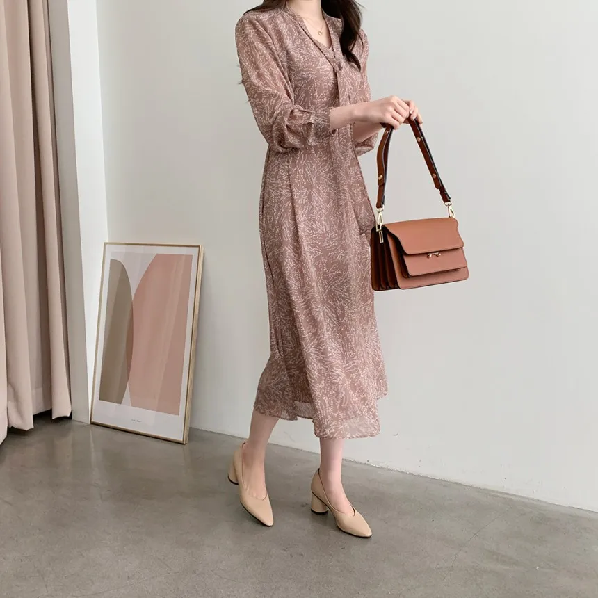 

Korean Ins Early Spring Gentle Cute Youth-Looking Temperment Waist Slimming Dress Floral Chiffon Midi Dress