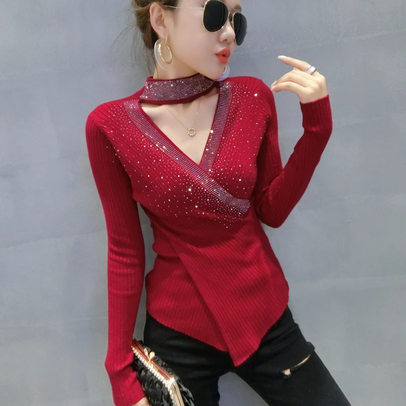 

Knitted Female Autumn New Hot Drilling Hanging Stand-UP Collar Irregular Cross Long-Sleeved Sweater Render Vintage Garment Women