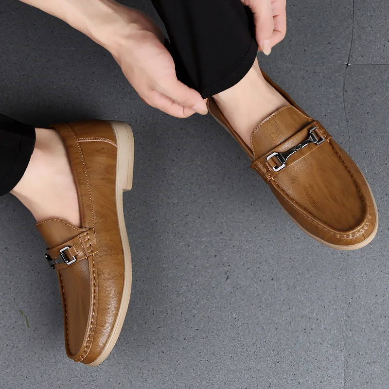 Мужские повседневные туфли из натуральной кожи коричневые дышащие слипоны