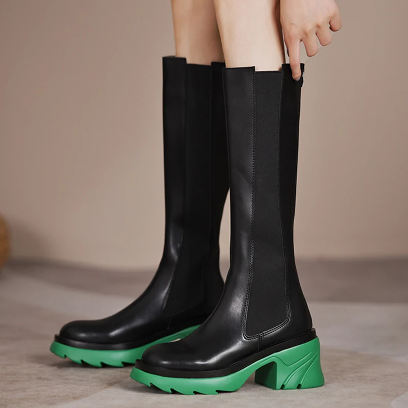 

Женские сапоги на толстой подошве, черные туфли на высоком толстом каблуке, длинные ботинки челси, женские осенне-зимние сапоги