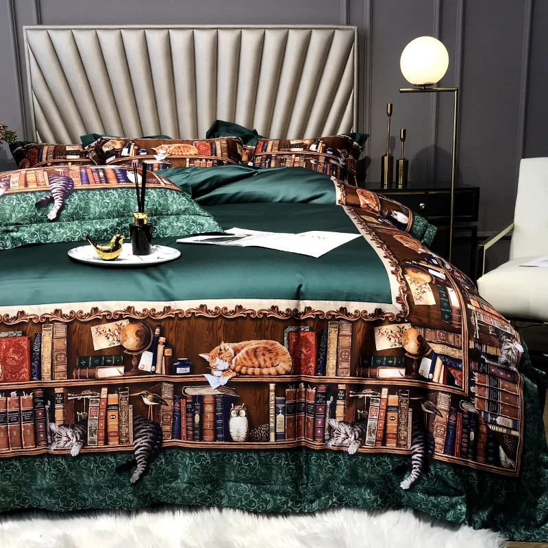 barato Luxo Verde Impressão Digital 100S Real Gato De Algodão Egípcio Conjuntos De Cama Rainha Rei Capa De Edredão Conjunto De Folhas De Cama Fronhas 4pcs
