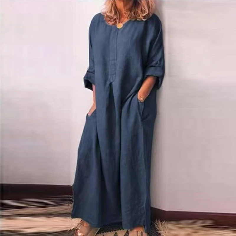 New Blue Dress Хлопковое льняное белое платье макси для женщин, весеннее летнее свободное платье размера плюс с большим подолом, бохо платье, длинные платья с рукавом три четверти, кафтан 5XL - Цвет: New Blue Dress