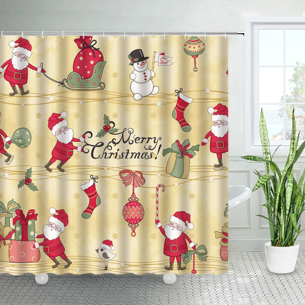 Funny Cartoon Santa Claus Christmas Shower Curtains Cute Snowman New Year Xmas Decor With Hooks Fabric Bath Curtain Bathroom Set