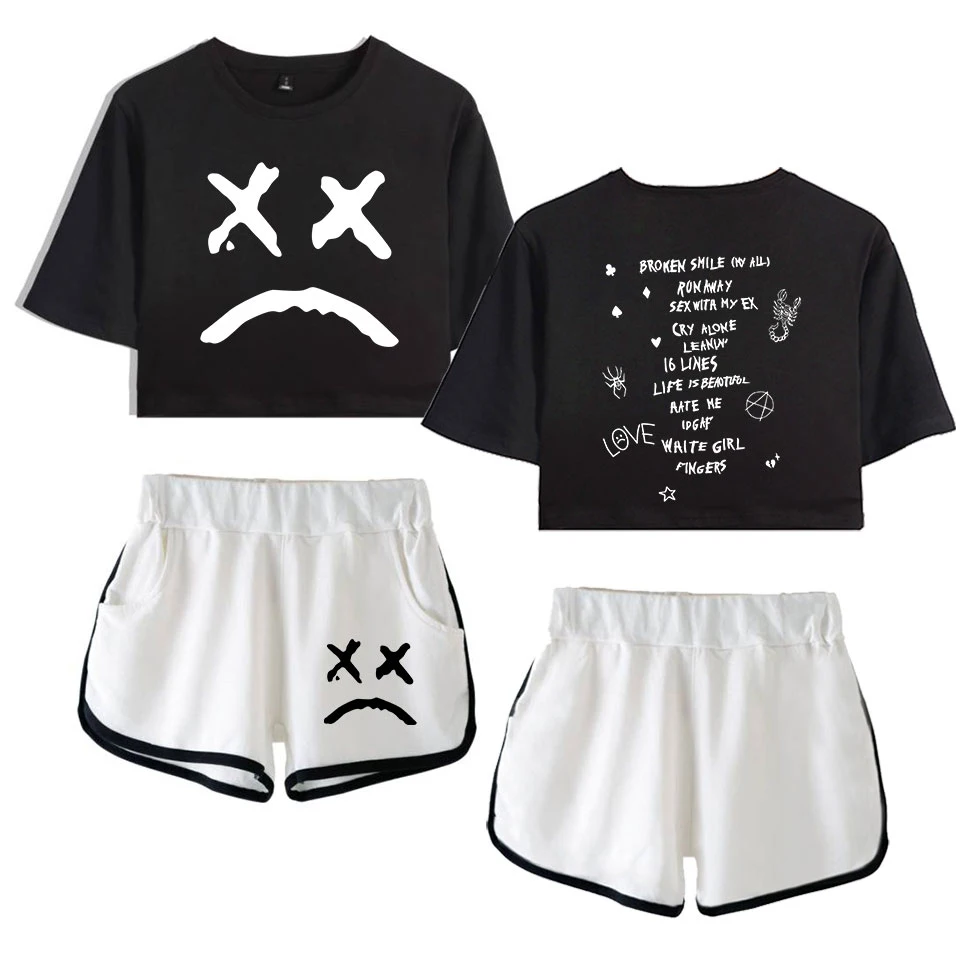 

Women Sexy Crop Top T shirt and Hot Shorts 2 piece Sets Teens Girls Smile Face Print Black White Summer Pajamas Jogger Gym Suit