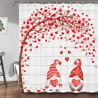 rustic farmhouse valentines day shower curtain romantic gnome couple red heart tree gray wooden board print bathroom curtains