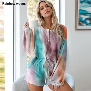 Imported Rainbowwaves Women Pajamas Sets Tie Dye Printing Ruffle Short Casual Long Sleeved Top And Shorts Two