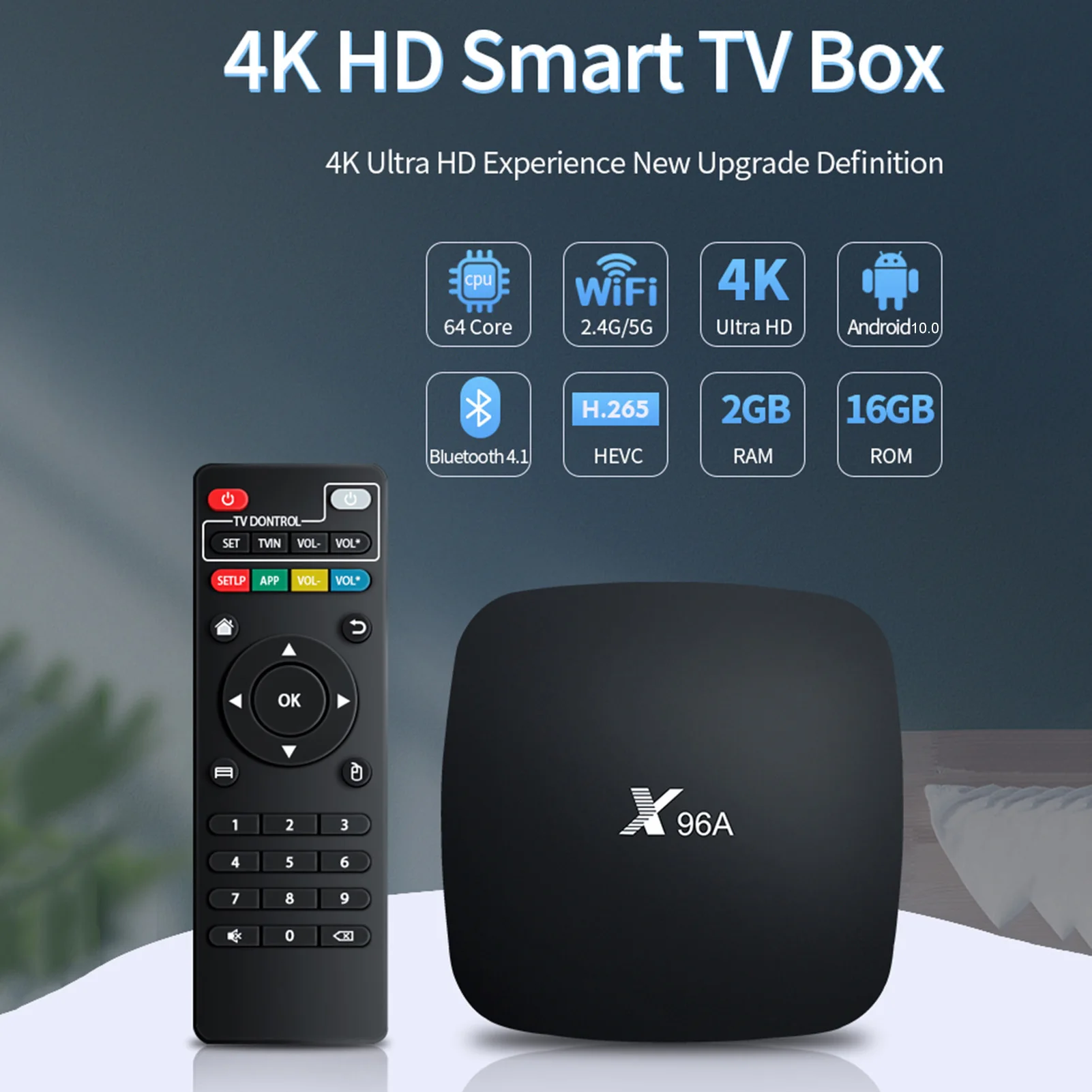 

Android 10.0 TV Bluetooth Box 3D 4K 2.4GHz/5GHz 2GB RAM 16GB ROM USB 2.0 Dual Band WiFi Set-Top TV Box Media Player