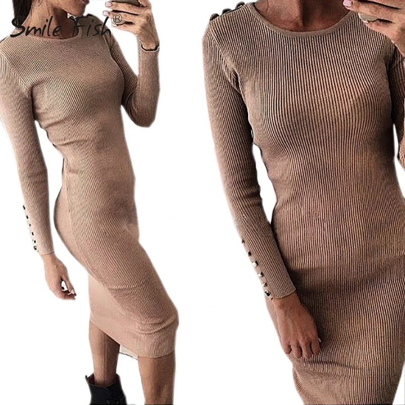Осень 2021 женское трикотажное платье миди с длинным рукавом женские