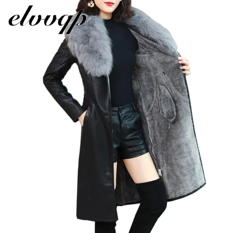 

Женская Длинная кожаная куртка M-4xl для зимы, новая, бархатная, теплая, облегающая, с большим меховым воротником и поясом, пальто из искусстве...