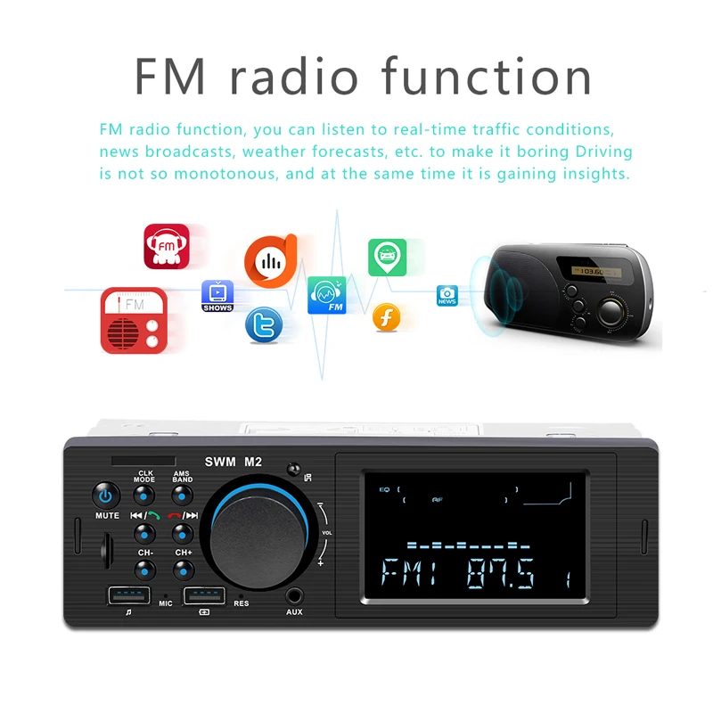 Автомагнитола Bluetooth автомобильная стерео 1 Din MP3-плеер Громкая связь A2DP USB зарядка