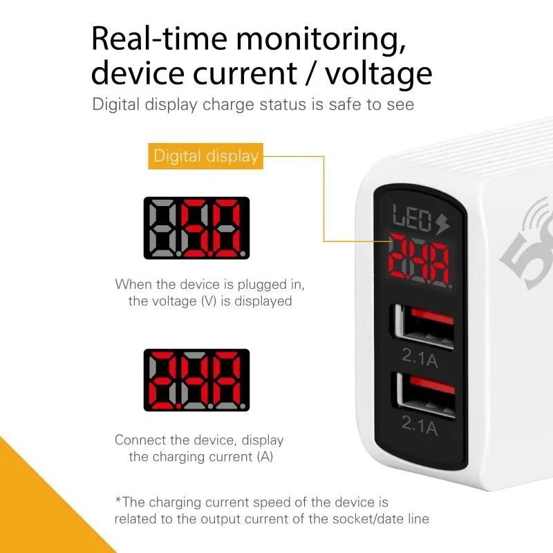 Зарядное устройство для мобильного телефона с цифровым дисплеем и 2USB