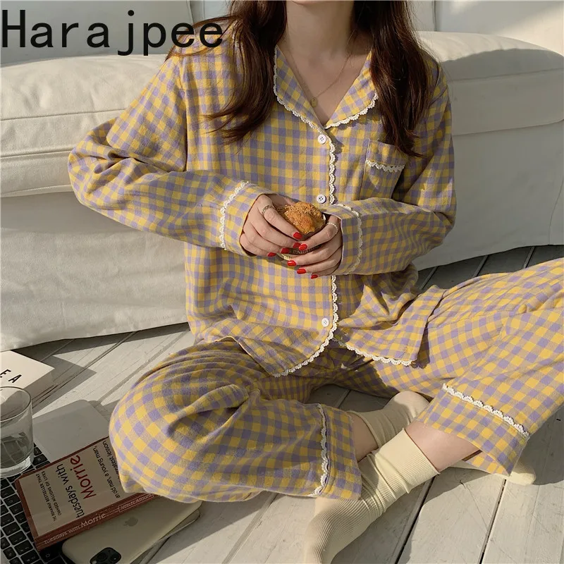 

Harajpee Plaid Printing Home Wear Clothing Women 2021 Autumn Winter Lace Turn-down Collar Long Sleeve Pants 2 Piece Sets Pajamas