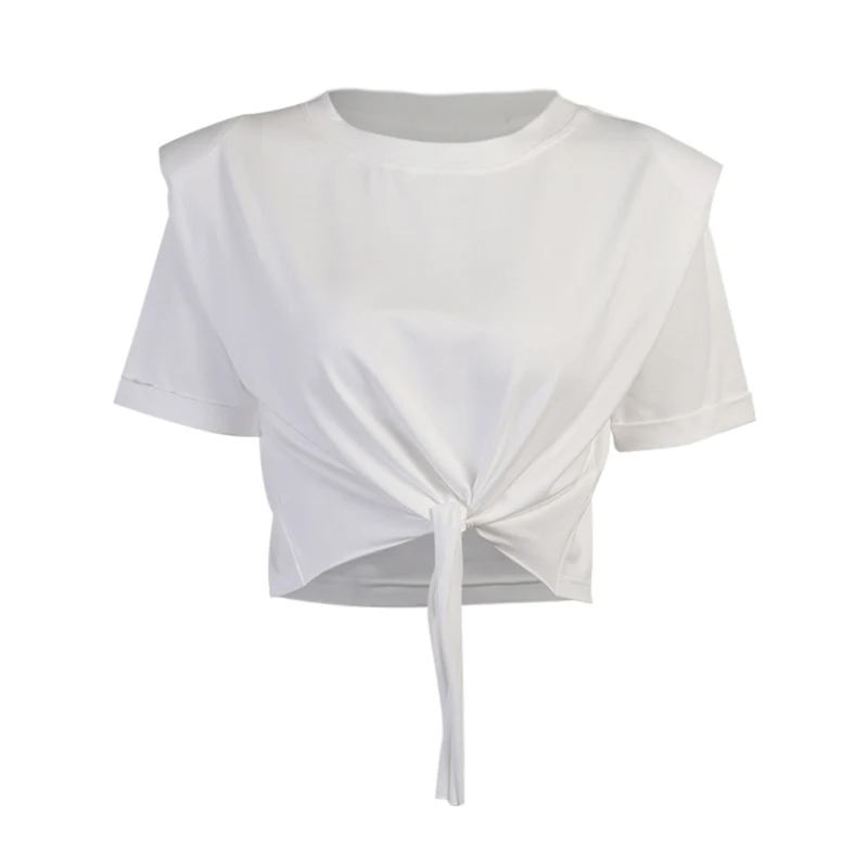 

InstaHot Lace Up Sexy Cropped Top Shoulder Pads T Shirt O Neck Vintage Short Sleeve Solid Casual Women 2021 Streetwear Tee Top