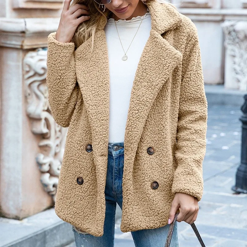 

2021 Brand New Wholesale Button Lapel Loose Fleece Sweater Cardigan Sheep Woolen Coat Women