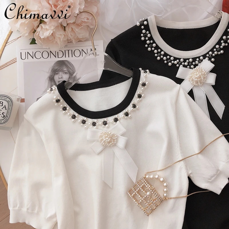 

Simple Casual Style Women Solid Color Round Collar Rhinestone Beading Bow T-shirt Short Sleeve All-matching Top Spring Fashion