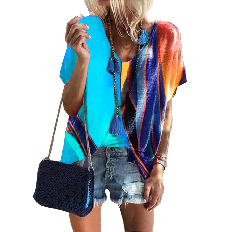 

S-5XL Plus Size Women Print Patchwork T Shirt Short Sleeve Loose Top V-Neck Streetwear Oversize Ladies Tee Casual Clothes 2021