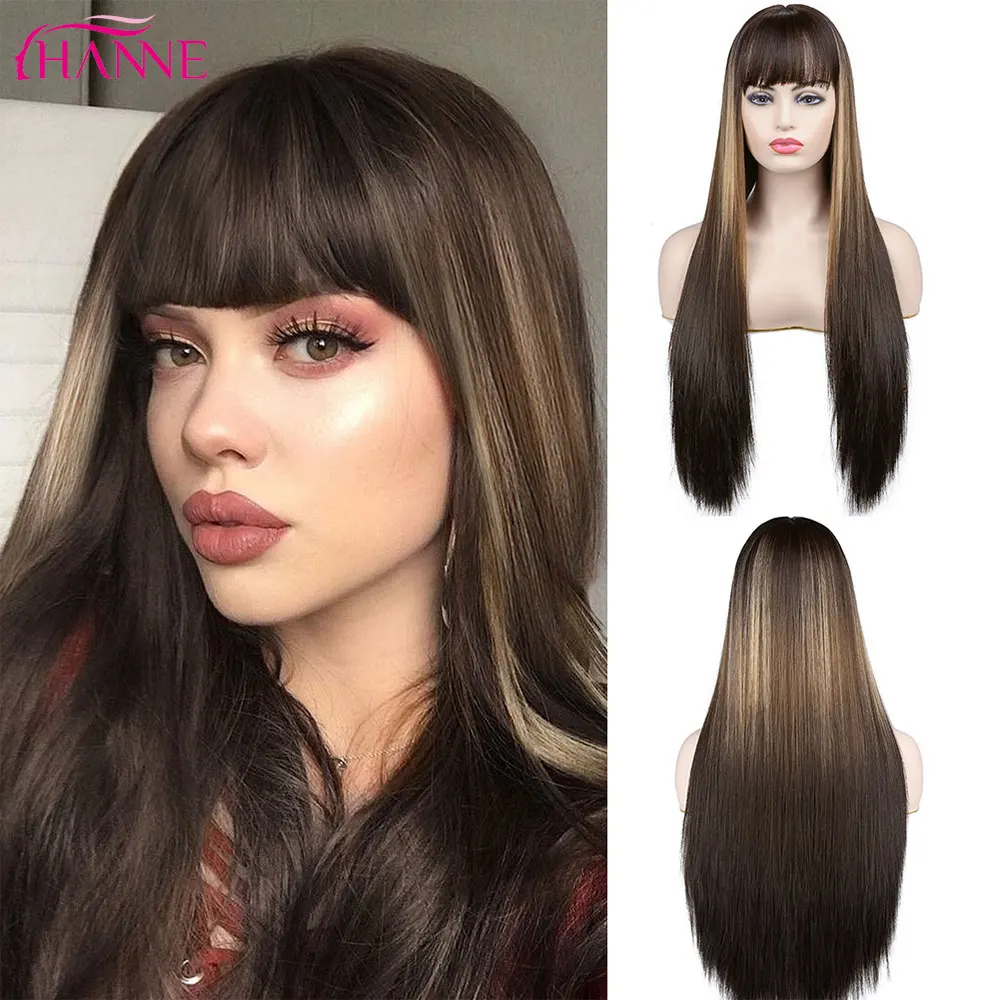 

HANNE Long Straight Wig Free Bangs Hair Ombre Mixed Blonde Brown Synthetic Wig Heat Resistant Fiber Hair For Black/White Women