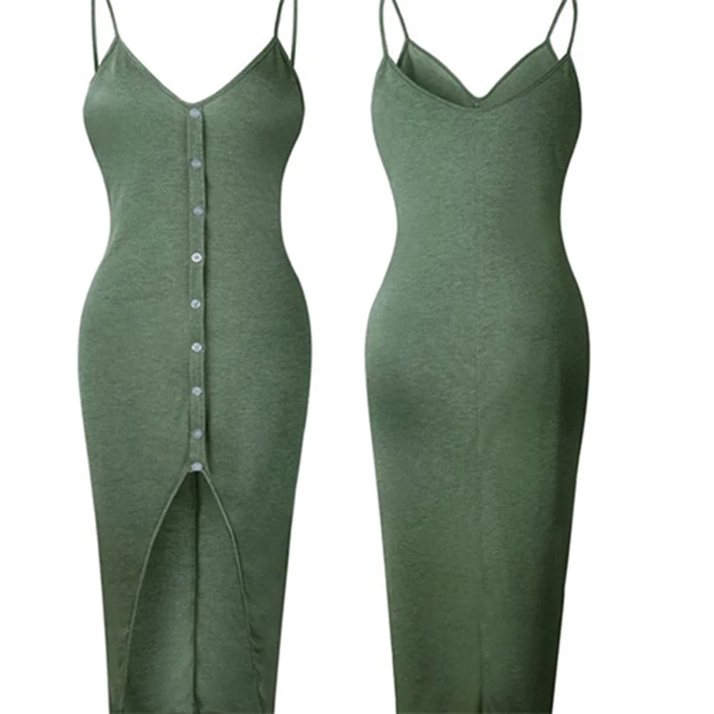 

Summer Fashion Women Sexy V-Neck Sleeveless Slit Button Slim Fit Strappy Sexy Sleeveless Bandage Party Night Club Dresses