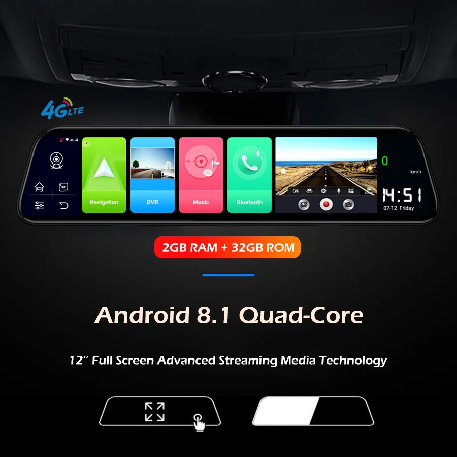 4G Автомобильный видеорегистратор 12 дюймов Android 8 1 потоковое зеркало заднего вида