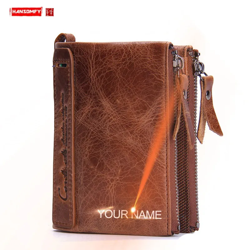 

Genuine Leather Men's Wallet Short Clutch Bag Fashion Card Holder Coin Purses Male Double Zipper Wallets Crazy Horse Leather Men