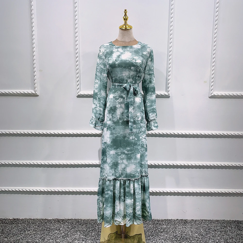 

Turkey Maxi Dresses for Women Fashion Muslim Chiffon Tie dye Printed Long Sleeve Hijab Dresses Dubai Arabic Islamic Clothing New