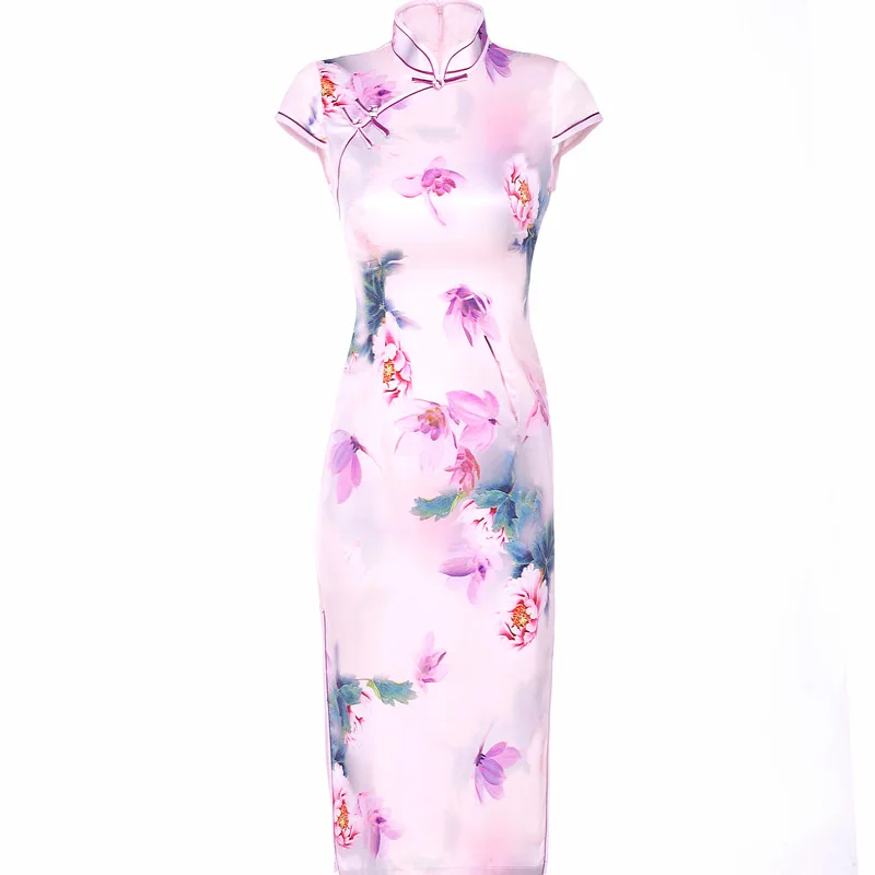 Chinese Style Women Cheongsam Summer Rayon Satin Daily Dress Printed Vintage Handmade Button Stage Show Qipao Plus Size M-4XL |
