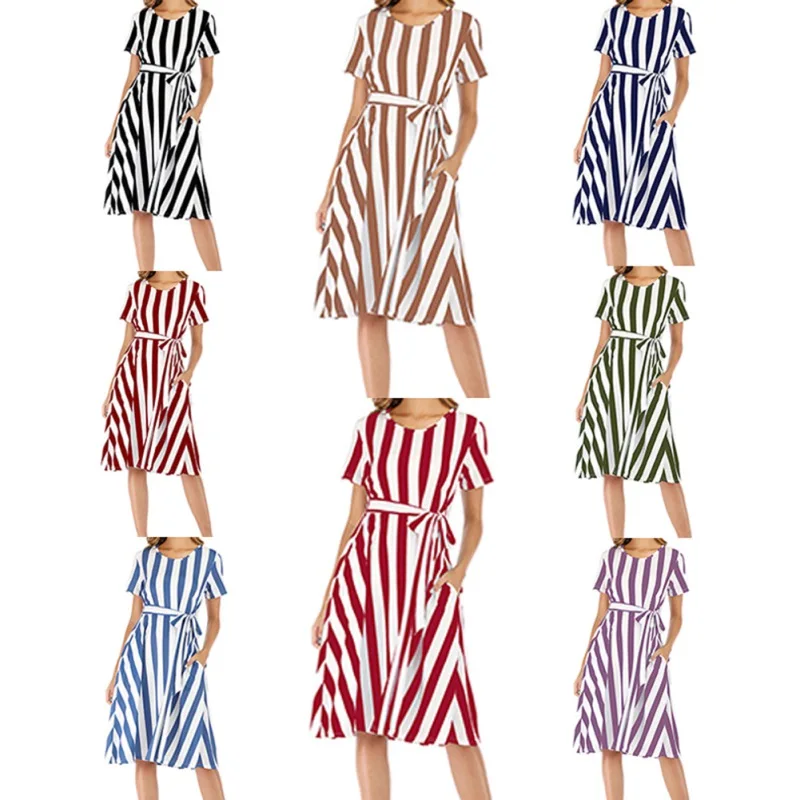 

Summer Women High Waist Dresses New O-neck Short Sleeve Striped Lace-up Pocket Loose Skirt Dress Fashion Casual Female Clothing
