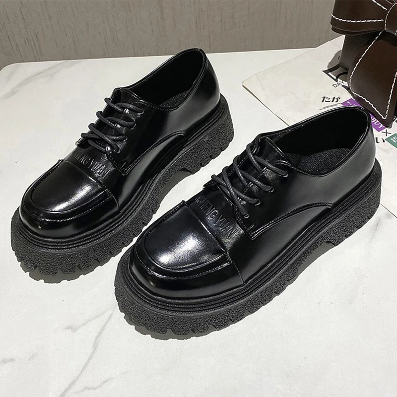 

Women Leather Shoes 2021 Spring Autumn Vintage Shoes British Style Lace up Brown Black Loafers Women Casual Platform Shoes