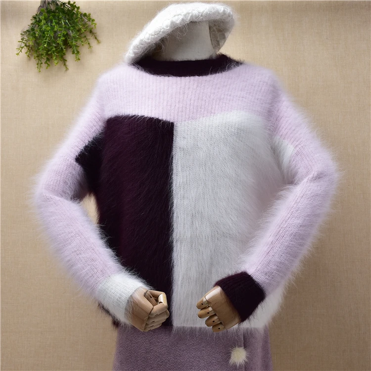 

ladies women fashion sweet pink colored hairy mink cashmere knitted long sleeves loose pullover angora fur winter jumper sweater