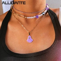 cute ghost pendant pearl beaded choker purple crystal necklace for women yin yang flower bead asymmetry necklaces trend jewelry
