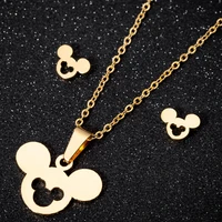 silver plated stainless steel mickey earrings cartoon mouse necklace metalic jewelry set for women girls animal accessory