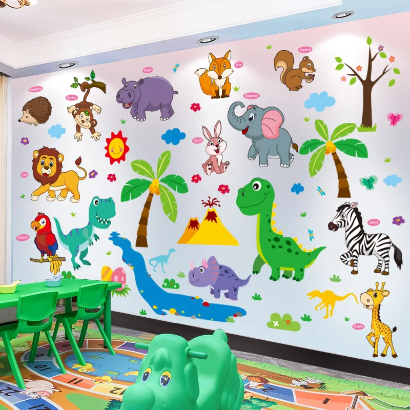 

Dinosaur Animals Wall Stickers DIY Lion Fox Zebra Trees Mural Decals for Kids Room Baby Bedroom Children Nursery Home Decoration